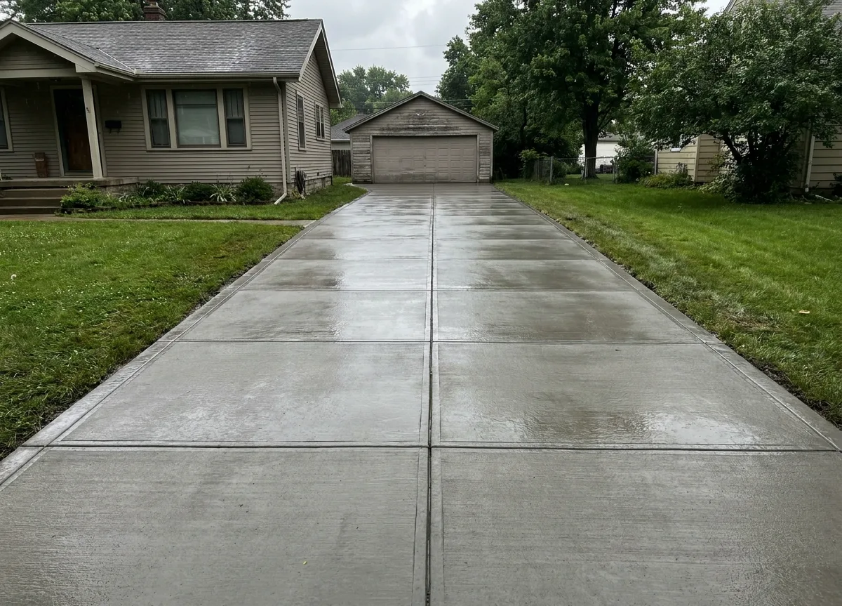 Long new broom-finished concrete driveway with saw-cut control joints leading to a detached garage