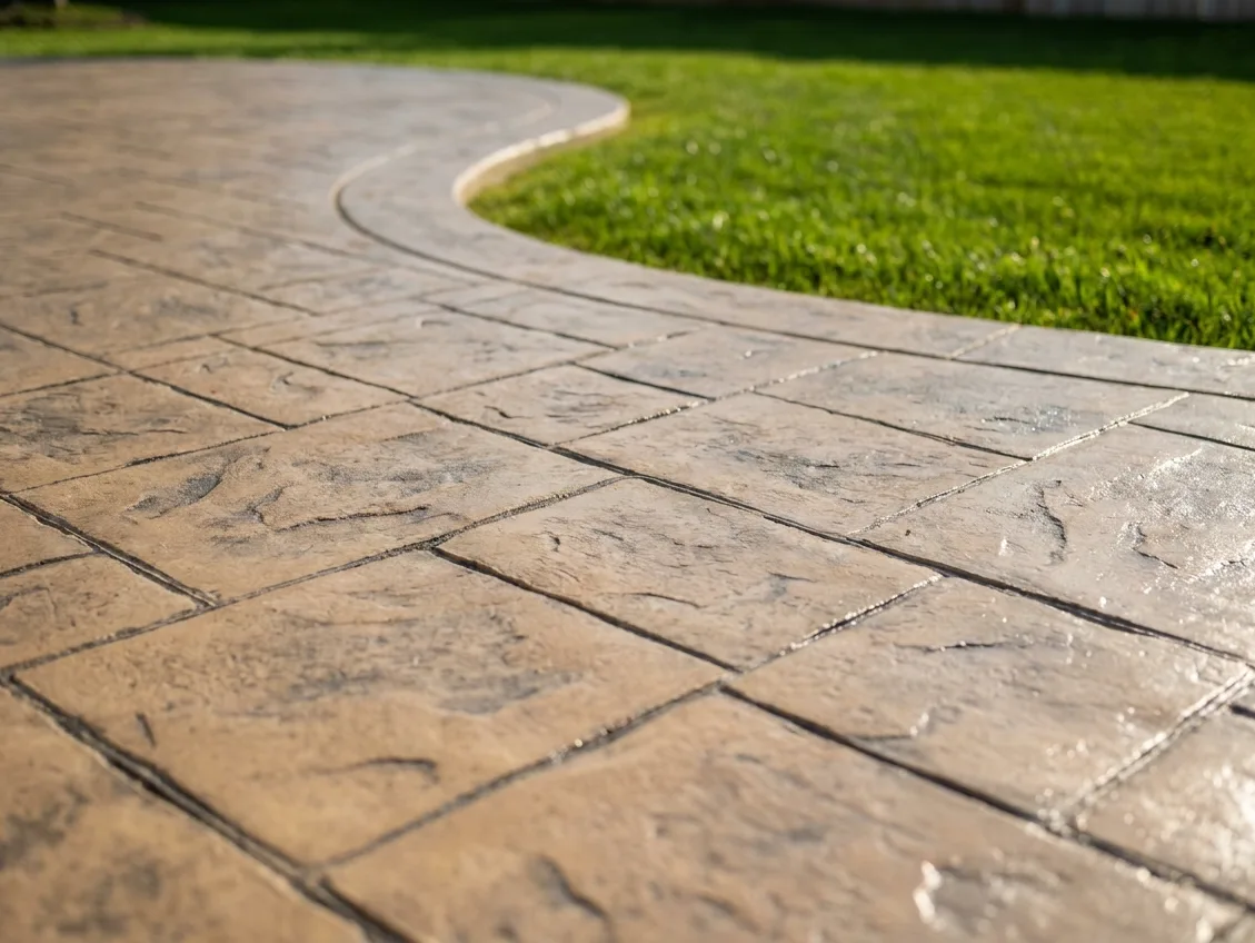 Close view of a stamped concrete patio in an ashlar slate pattern with sandstone color and grey antiquing